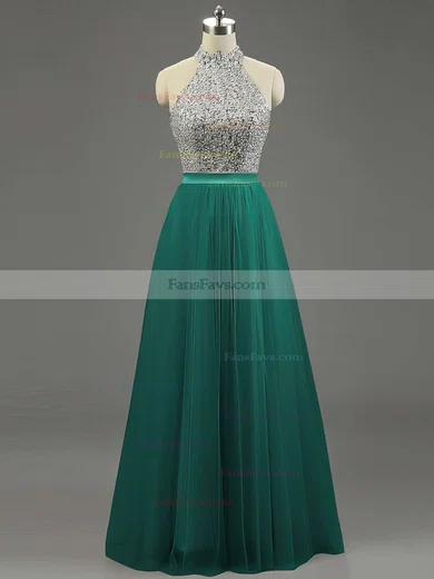 A-line High Neck Tulle Floor-length Beading Prom Dresses #Favs020101636