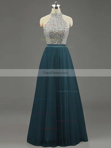 A-line High Neck Tulle Floor-length Beading Prom Dresses #Favs020101636