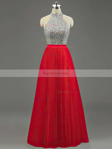A-line High Neck Tulle Floor-length Beading Prom Dresses #Favs020101636