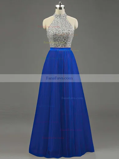 A-line High Neck Tulle Floor-length Beading Prom Dresses #Favs020101636