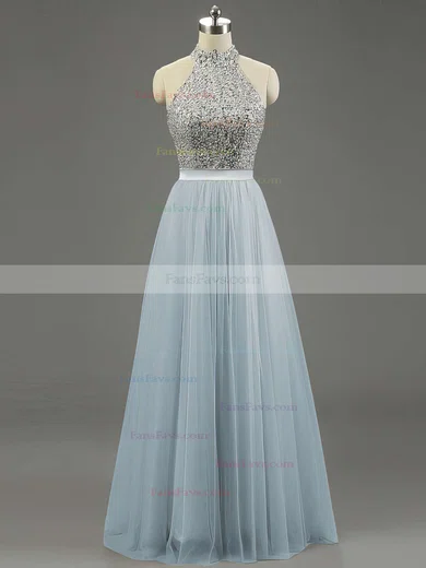 A-line High Neck Tulle Floor-length Beading Prom Dresses #Favs020101636
