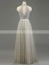 A-line High Neck Tulle Floor-length Beading Prom Dresses #Favs020101636