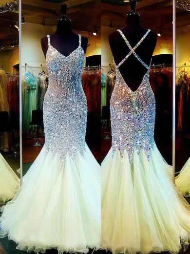 Trumpet/Mermaid V-neck Tulle Floor-length Crystal Detailing Prom Dresses #Favs020101840