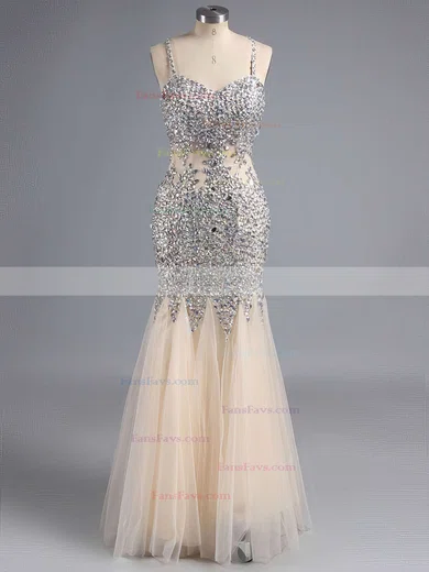 Trumpet/Mermaid V-neck Tulle Floor-length Crystal Detailing Prom Dresses #Favs020101840