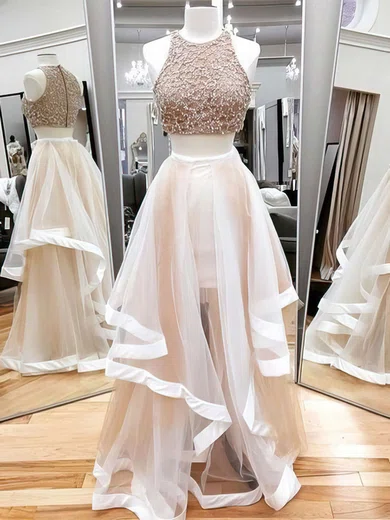 A-line Scoop Neck Tulle Floor-length Beading Prom Dresses #Favs020102393