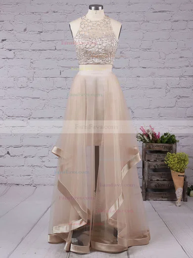 A-line Scoop Neck Tulle Floor-length Beading Prom Dresses #Favs020102393