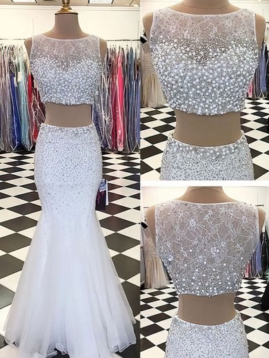Trumpet/Mermaid Scoop Neck Lace Tulle Floor-length Beading Prom Dresses #Favs020102427