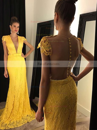 Trumpet/Mermaid V-neck Lace Sweep Train Sashes / Ribbons Prom Dresses #Favs020102449