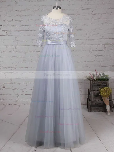 A-line Scoop Neck Tulle Floor-length Appliques Lace Prom Dresses #Favs020102645