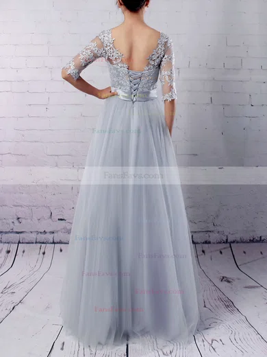 A-line Scoop Neck Tulle Floor-length Appliques Lace Prom Dresses #Favs020102645