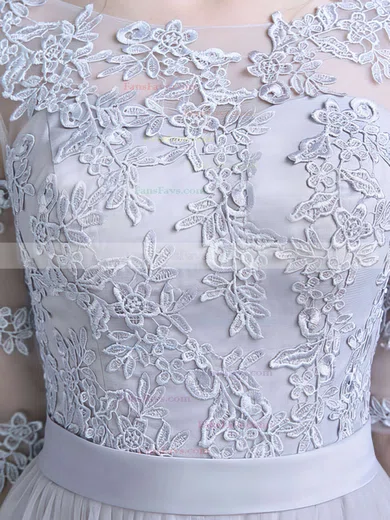 A-line Scoop Neck Tulle Floor-length Appliques Lace Prom Dresses #Favs020102645