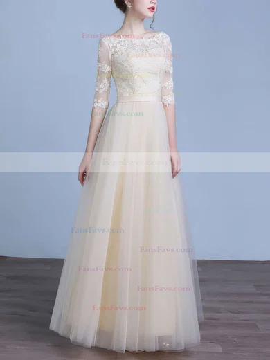 A-line Scoop Neck Tulle Floor-length Appliques Lace Prom Dresses #Favs020102645