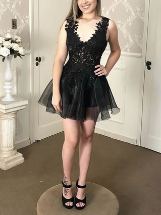 A-line V-neck Tulle Short/Mini Homecoming Dresses With Lace #Favs020111061 A-line V-neck Tulle Short/Mini Homecoming Dresses With Lace #Favs020111061