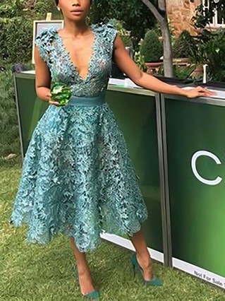 A-line V-neck Lace Tea-length Homecoming Dresses With Sashes / Ribbons #Favs020111070