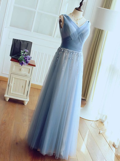 A-line V-neck Tulle Floor-length Beading Prom Dresses #Favs020102764