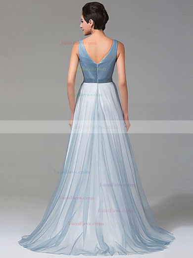 A-line V-neck Tulle Floor-length Beading Prom Dresses #Favs020102764