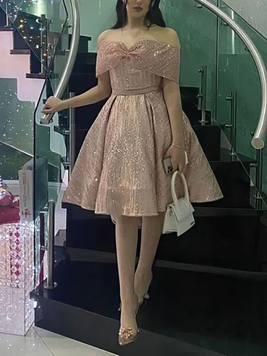 A-line Off-the-shoulder Glitter Knee-length Homecoming Dresses With Sashes / Ribbons #Favs020111088