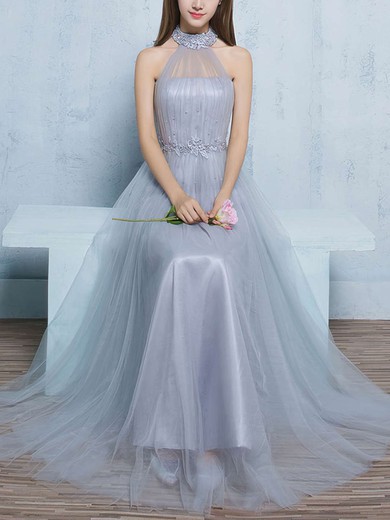 A-line High Neck Tulle Floor-length Appliques Lace Prom Dresses #Favs020102925