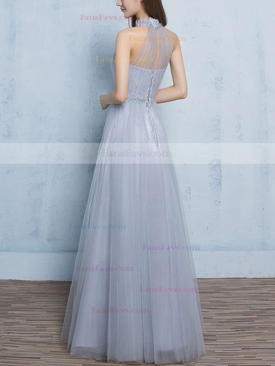 A-line High Neck Tulle Floor-length Appliques Lace Prom Dresses #Favs020102925