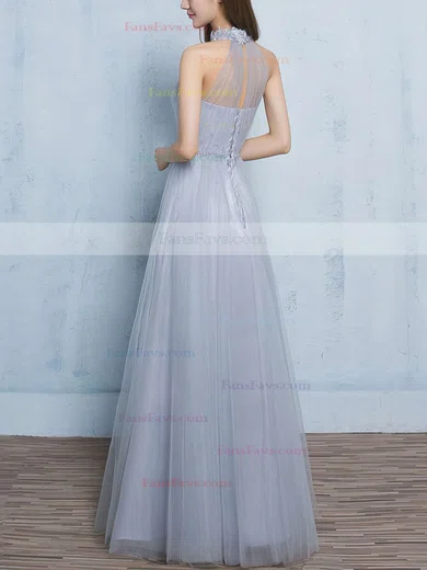 A-line High Neck Tulle Floor-length Appliques Lace Prom Dresses #Favs020102925