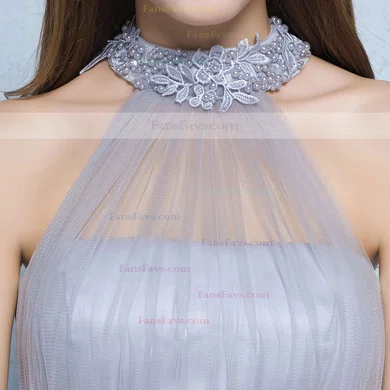 A-line High Neck Tulle Floor-length Appliques Lace Prom Dresses #Favs020102925