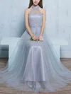 A-line High Neck Tulle Floor-length Appliques Lace Prom Dresses #Favs020102925