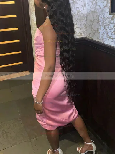 Sheath/Column Strapless Silk-like Satin Tea-length Homecoming Dresses With Split Front #Favs020111098