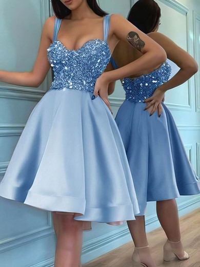 A-line V-neck Satin Knee-length Homecoming Dresses With Sequins #Favs020111101