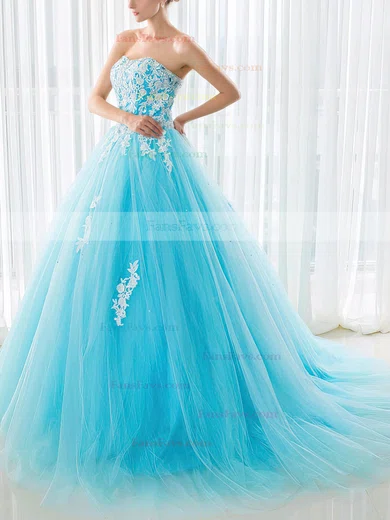 Ball Gown Sweetheart Tulle Sweep Train Appliques Lace Lace-up Beautiful Prom Dresses #Favs020103029