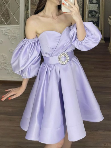 A-line Off-the-shoulder Satin Short/Mini Homecoming Dresses With Sashes / Ribbons #Favs020111113