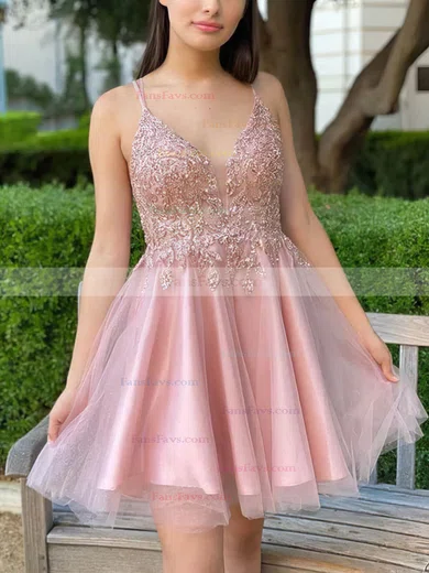 A-line V-neck Tulle Short/Mini Homecoming Dresses With Lace #Favs020111123
