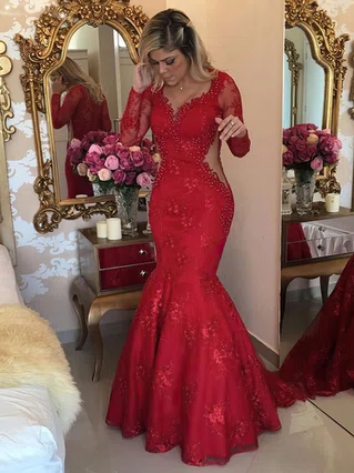 Trumpet/Mermaid V-neck Tulle Sweep Train Appliques Lace Prom Dresses #Favs020103463 Trumpet/Mermaid V-neck Tulle Sweep Train Appliques Lace Prom Dresses #Favs020103463