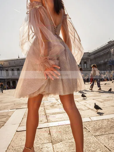 A-line Off-the-shoulder Glitter Short/Mini Homecoming Dresses With Ruffles #Favs020111135