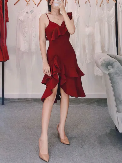 A-line V-neck Stretch Crepe Knee-length Homecoming Dresses With Split Front #Favs020111136