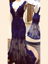 Trumpet/Mermaid V-neck Tulle Sweep Train Appliques Lace Prom Dresses #Favs020103519