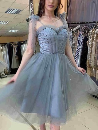 A-line V-neck Tulle Tea-length Homecoming Dresses With Beading #Favs020111154 A-line V-neck Tulle Tea-length Homecoming Dresses With Beading #Favs020111154