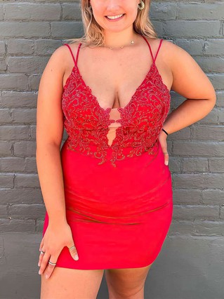 Sheath/Column V-neck Stretch Crepe Short/Mini Homecoming Dresses With Appliques Lace #Favs020111182