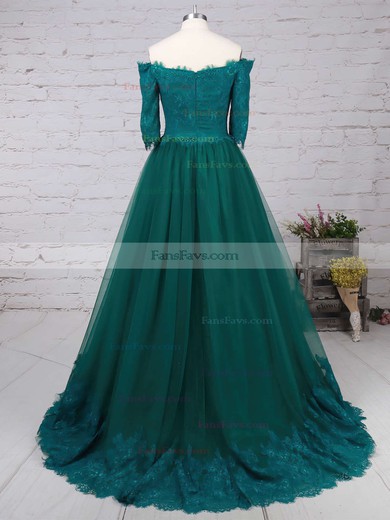 A-line Off-the-shoulder Lace Tulle Floor-length Appliques Lace Prom Dresses #Favs020104467