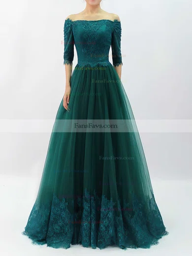 A-line Off-the-shoulder Lace Tulle Floor-length Appliques Lace Prom Dresses #Favs020104467