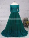 A-line Off-the-shoulder Lace Tulle Floor-length Appliques Lace Prom Dresses #Favs020104467