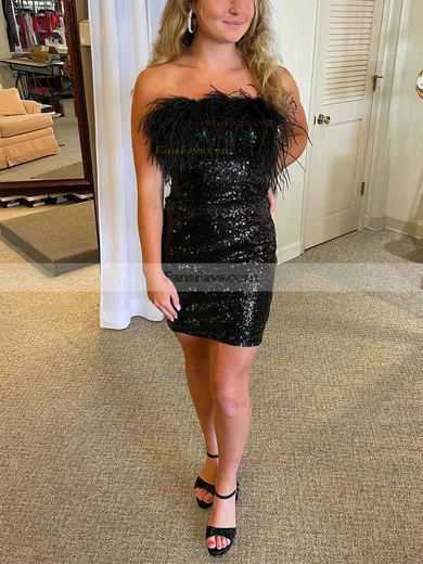 Sheath/Column Strapless Sequined Short/Mini Homecoming Dresses With Feathers / Fur #Favs020111193