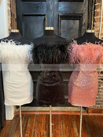 Sheath/Column Strapless Sequined Short/Mini Homecoming Dresses With Feathers / Fur #Favs020111193