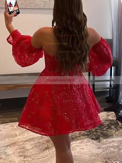 A-line Off-the-shoulder Lace Tulle Short/Mini Homecoming Dresses With Appliques Lace #Favs020111198