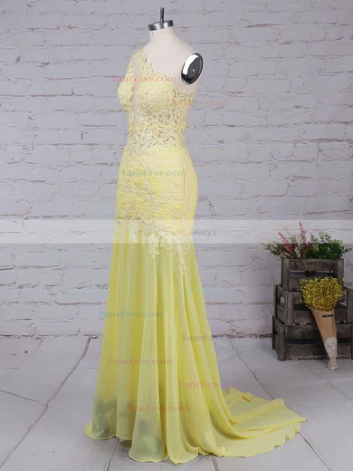 Trumpet/Mermaid One Shoulder Chiffon Sweep Train Appliques Lace Prom Dresses #Favs02016068