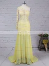 Trumpet/Mermaid One Shoulder Chiffon Sweep Train Appliques Lace Prom Dresses #Favs02016068