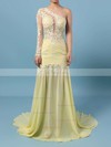 Trumpet/Mermaid One Shoulder Chiffon Sweep Train Appliques Lace Prom Dresses #Favs02016068