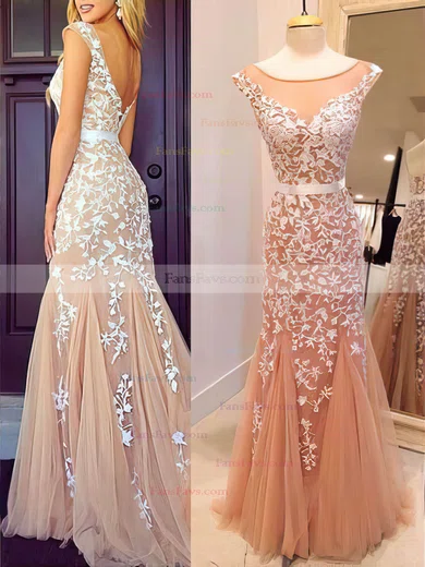 Trumpet/Mermaid Scoop Neck Tulle Floor-length Appliques Lace Prom Dresses #Favs02016778