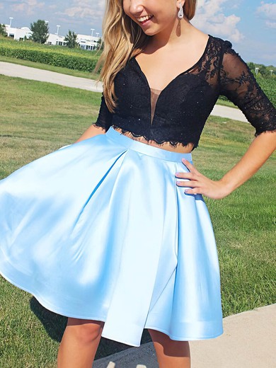 A-line V-neck Satin Lace Short/Mini Homecoming Dresses With Appliques Lace #Favs020111230