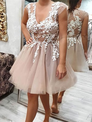 A-line V-neck Lace Tulle Knee-length Homecoming Dresses With Appliques Lace #Favs020111236 A-line V-neck Lace Tulle Knee-length Homecoming Dresses With Appliques Lace #Favs020111236