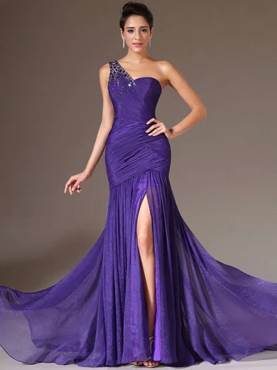 Trumpet/Mermaid One Shoulder Chiffon Sweep Train Beading Prom Dresses #Favs020101289